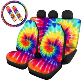 img 4 attached to 🌈 Colorful Rainbow Tie Dye Car Seat Cover Set: Belidome Front Rear Seat Fabric Covers with Steering Wheel Pad & Seat Belt Protector for Women