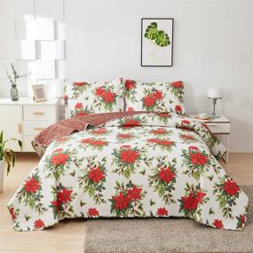 img 4 attached to 🎄 Christmas Quilt Set King Size: Festive Poinsettia Floral Design - Lightweight, Reversible Red Christmas Flower Bedspread Coverlet for New Year Holiday Bedding with Pillow Shams
