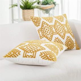 img 2 attached to 🌻 18x18 Inch Mustard Yellow Embroidered Throw Pillow Covers Set - Modern Farmhouse Geometric Design for Couch, Sofa, Bedroom, Living Room - Decorative Square Cushion Cases - Pack of 2 - HWY 50