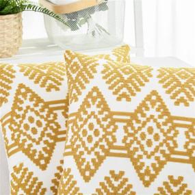 img 1 attached to 🌻 18x18 Inch Mustard Yellow Embroidered Throw Pillow Covers Set - Modern Farmhouse Geometric Design for Couch, Sofa, Bedroom, Living Room - Decorative Square Cushion Cases - Pack of 2 - HWY 50