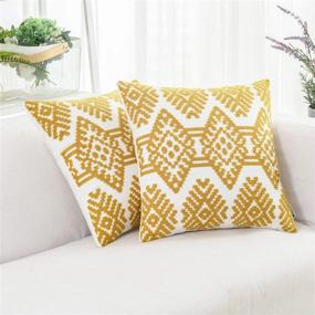 img 3 attached to 🌻 18x18 Inch Mustard Yellow Embroidered Throw Pillow Covers Set - Modern Farmhouse Geometric Design for Couch, Sofa, Bedroom, Living Room - Decorative Square Cushion Cases - Pack of 2 - HWY 50