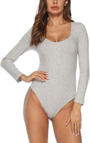 img 4 attached to 👗 Queen.M Women's Solid Bodysuit: Stylish & Stretchy Long Sleeve Single Breasted Jumpsuit