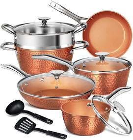 img 4 attached to 🍳 MICHELANGELO Copper Pots and Pans Set: Nonstick Cookware 12-Piece for Induction Cooking - Hammered Design with Fry Pans, Stock Pans, and Lids