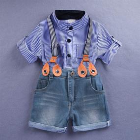 img 2 attached to 👕 3-Piece Boy's Handsome Outfit - Plaid Shirt, T-Shirt, and Suspender Jean Sets by MYGBCPJS