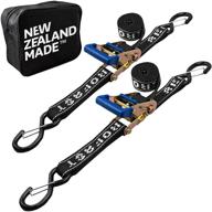 🚢 heavy duty rear transom boat trailer straps, made in nz - 1.5" x 4' ratchet tie downs with pvc hooks, ideal for trailered boats, pontoons & jetskis - 3,300lbs break strength - (pair) black логотип