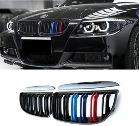 img 4 attached to SNA E90 Grill M Color Compatible For 2004-2008 BMW 3 Series E90 E91 (Double Slats M Color Kidney Grill