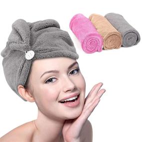 img 4 attached to 🚿 Набор суперпоглощающих полотенец для волос Super Absorbent Hair Towel Wrap от METLUCK - 3 штуки полотенец для быстрого высыхания волос из микрофибры с дизайном пуговиц - идеально подходят для женщин и девочек - варианты цветов: серый, верблюжий и розовый.