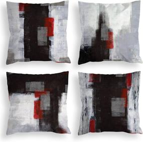 img 4 attached to Set of 4 COLORPAPA Red and Black Throw Pillow Covers 18x18 with Grey Abstract Art Painting - Decorative Cushion Covers for Sofa, Bedroom, and Living Room Décor