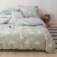 🐰 blueblue rabbit kids queen duvet cover set - charming cartoon white rabbit flower pattern on light green - 100% cotton bedding for boys, girls, and teens - 1 full comforter cover + 2 pillow shams logo