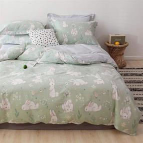 img 4 attached to 🐰 BlueBlue Rabbit Kids Queen Duvet Cover Set - Charming Cartoon White Rabbit Flower Pattern on Light Green - 100% Cotton Bedding for Boys, Girls, and Teens - 1 Full Comforter Cover + 2 Pillow Shams