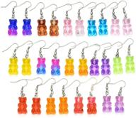 set of 7-14 cute colorful gummy resin cartoon bear dangle drop earrings for women and girls - lovely lightweight candy color glitter animal pendant earrings for parties - jewelry gift logo