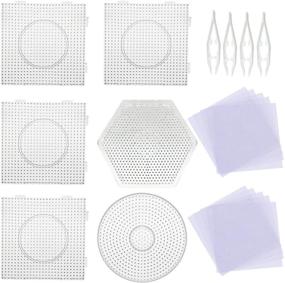 img 4 attached to 🔶 Large Round & Square Clear Plastic Pegboards for Fuse Beads - 5mm 6 Pack Set with 4 White Beads Tweezers and 20 Ironing Paper Sheets - Perfect Kids Craft Supplies from Seasonsky