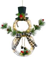 🎅 dearhouse lighted christmas snowman wreath decoration, 16 x 8 inch grapevine wreath with hat and bow - festive front door, home, garden, and wall décor логотип