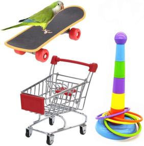 img 4 attached to 🐦 Colorful Parrot Training Toy Set: Mini Shopping Cart, Rings, Skateboard Stand & Perch for Budgie, Parakeet, Cockatiel, Conure, Lovebird – 3PCS