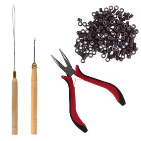 img 4 attached to Fannace Hair Extension Tool Kit: Plier Hook Pulling Needle + 500 Pieces 🧵 of 5mm Micro Silicone Link Rings Beads - Brown | Professional Hair Styling Tools Accessory