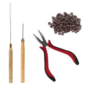 img 3 attached to Fannace Hair Extension Tool Kit: Plier Hook Pulling Needle + 500 Pieces 🧵 of 5mm Micro Silicone Link Rings Beads - Brown | Professional Hair Styling Tools Accessory