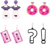 👽 4-piece acrylic earrings set: adorable ufo alien spaceship, question mark, cassette & donut dangle drop earrings. funny and exaggerated acrylic earrings set for women and girls logo