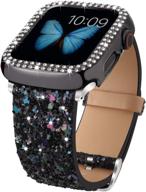 bling bands + case for apple watch series 6 5 4 3 2 1 se, glitter leather strap and bling diamond protector cover, compatible with apple watch band 38mm 40mm 42mm 44mm, women and men (black, 38mm) logo