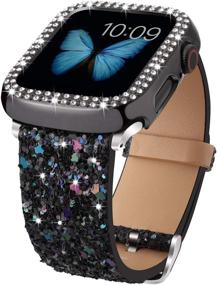 img 4 attached to Bling Bands + Case for Apple Watch Series 6 5 4 3 2 1 SE, Glitter Leather Strap and Bling Diamond Protector Cover, Compatible with Apple Watch Band 38mm 40mm 42mm 44mm, Women and Men (Black, 38mm)