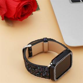 img 1 attached to Bling Bands + Case for Apple Watch Series 6 5 4 3 2 1 SE, Glitter Leather Strap and Bling Diamond Protector Cover, Compatible with Apple Watch Band 38mm 40mm 42mm 44mm, Women and Men (Black, 38mm)