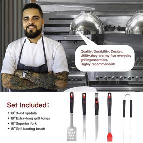 img 3 attached to 🔥 UTOI BBQ Grill Tools Set: 4pcs Heavy Duty Stainless Steel Grilling Accessories - Tongs, Fork, Basting Brush, and Spatula with Bottle Opener - 18" Extra Long Utensils for Outdoor Cooking and Camping