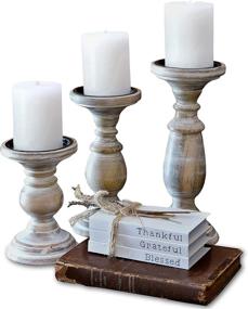 img 4 attached to 🕯️ Set of 3 Pillar Candle Holders: Wood Accent for Tables, Pillar & Flameless LED Candles, Tall Wood Farmhouse Candle Sticks