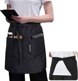 img 4 attached to 👖 Черный поясной фартук ROTANET полуширокий, длинный, большой - 3 кармана - водонепроницаемый и защищенный от масел и пятен - фартук для официантов для мужчин и женщин.