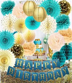 img 2 attached to 🎉 Teal and Gold Birthday Party Decorations: Polka Dot Paper Fans, Teal and Gold Happy Birthday Banner, Champagne Teal Tissue Pom Pom for Women's 30th/40th/50th/60th/80th Birthday Celebration
