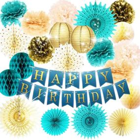 img 4 attached to 🎉 Teal and Gold Birthday Party Decorations: Polka Dot Paper Fans, Teal and Gold Happy Birthday Banner, Champagne Teal Tissue Pom Pom for Women's 30th/40th/50th/60th/80th Birthday Celebration