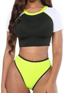 anasabi women's high waisted bikini swimsuit with short sleeves, neon thong triangle swimwear and rashguard logo