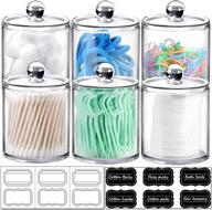 clear qtip dispenser apothecary jars - 6 pack of 15 oz. bathroom storage solution for cotton balls, swabs, rounds, and more - labels included! logo