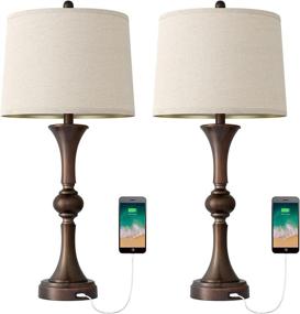 img 1 attached to 🔌 Onach Table Lamps Set of 2 with USB Charging Port - Ideal for Living Room | 29.25” Traditional Nightstand Lamp for Bedroom Bedside Table | Neutral Drum Shade, Oil Rubbed Bronze Finish