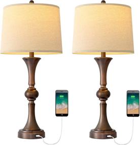 img 2 attached to 🔌 Onach Table Lamps Set of 2 with USB Charging Port - Ideal for Living Room | 29.25” Traditional Nightstand Lamp for Bedroom Bedside Table | Neutral Drum Shade, Oil Rubbed Bronze Finish