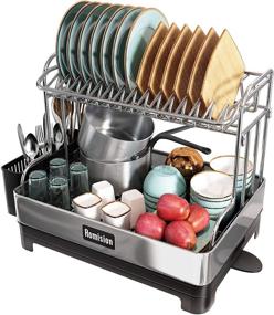 img 4 attached to 🍽️ Large 2 Tier Dish Drying Rack with Swivel Spout Drainage and Utensil Holder - Romision 304 Stainless Steel Dish Drainer Set for Kitchen Counter of Big Family, Full Size Dish Rack and Drainboard