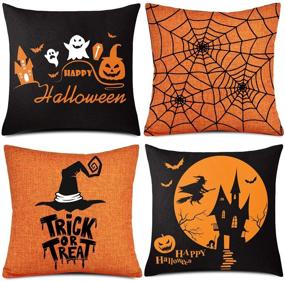 img 4 attached to 🎃 Whaline 4 Pieces Halloween Pillow Case Set – Orange & Black Linen Sofa Bed Throw Cushion Cover Decoration (18" x 18")