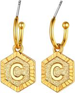 🎁 initial earrings for women and girls - sterling silver post, 18k gold plated huggie hoop earrings with vintage hexagon embossed letters a-z, name style jewelry for christmas gift and lover logo