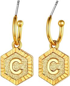 img 4 attached to 🎁 Initial Earrings for Women and Girls - Sterling Silver Post, 18K Gold Plated Huggie Hoop Earrings with Vintage Hexagon Embossed Letters A-Z, Name Style Jewelry for Christmas Gift and Lover