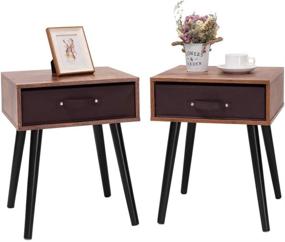 img 4 attached to 🌙 IWELL Mid-Century Nightstand Set of 2 - Bedside Table with Storage Drawer and Wooden Legs - Side Table - Rustic Brown