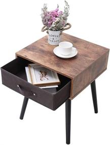 img 3 attached to 🌙 IWELL Mid-Century Nightstand Set of 2 - Bedside Table with Storage Drawer and Wooden Legs - Side Table - Rustic Brown
