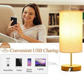 img 3 attached to 💡 Energy Saving Touch Control Bedside Lamp with Dual USB Ports - 3 Way Dimmable Wood Table Lamp for Bedroom, Living Room, and Kids Room - Round Flaxen Fabric Shade - Includes LED Bulb