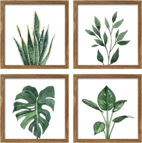 img 4 attached to ArtbyHannah 10x10 Inch 4 Panels Botanical Framed Walnut Finish Picture Frame Collage Set: Elegant Wall Art Décor with Green Leaves and Tropical Plants in Watercolor