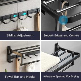 img 1 attached to 🔧 Foldable Towel Shelf with Movable Hooks - 24 Inch Towel Rack Holder, Rustproof Wall Mount for Bathroom, Lavatory - Matte Black Finish