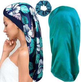 img 4 attached to 🌙 2Pcs Long Satin Bonnet Sleep Cap + Hairband: Ultimate Haircare for Women with Big Braids