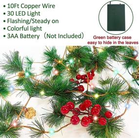 img 2 attached to 🎄 TURNMEON 10FT Christmas Garland: Battery Operated Red Berry Pine Cone Bristle Xmas Decor with 30 Lights and Pinecone Lights (Color)