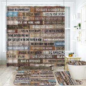 img 2 attached to TAMOC 4 Pieces Wooden Poster Bathroom Set: Inspirational Quotes Shower Curtain with 🚿 Rug, Lid Cover, and Bath Mat - Vintage Rustic Style, Waterproof and Non-Slip, Brown