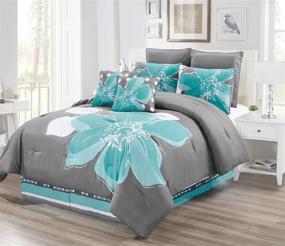 img 2 attached to 🌸 King Size Aqua Blue, Grey, and White Floral Comforter Set - 8-Piece Bedding with Accent Pillows