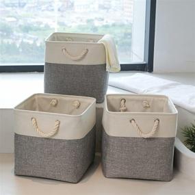 img 3 attached to Spacious Extra Large Cube Storage Baskets - 13 × 13 × 13 Inches | Canvas Fabric Boxes with Cotton Handles - Perfect for Cupboards, Shelves, Clothes, Toys, Towels | Grey/White