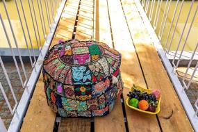 img 4 attached to 🪑 Cotton Patchwork Vintage Boho Embroidered Bean Bag Pouf Cover - Ottoman Kids Stool Decorative Chair - Boho Home Décor (14x22 Inches, Cover Only)