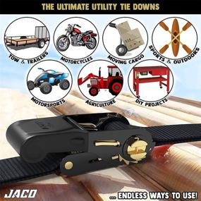 img 1 attached to 🔒 JACO Ratchet Tie Down Straps (4 Pack) - 1 inch x 15 feet, AAR Certified Break Strength (1,823 lbs), Cargo Tie Down Set with (4) Utility Ratchet Straps, (4) Bundling Straps, and Accessories (Black) for Improved SEO