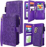 🌸 detachable magnetic zipper wallet leather case with cash pocket, 12 card slots, and wrist strap for samsung galaxy s21+ s21 plus 5g 6.7 inch (2021) g996u - floral flower (purple) logo